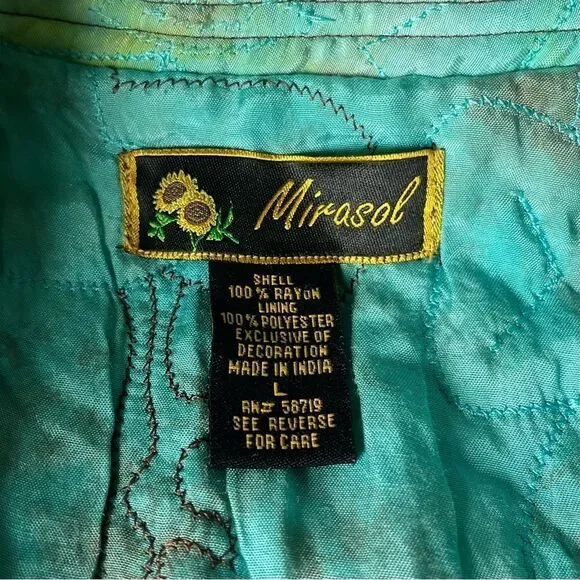 Mirasol Turquoise Quilted Jacket Oriental Style Lagenlook Artsy Rayon Size Large - Picture 9 of 11